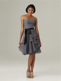 A line sweetheart short charcoal grey chiffon ruffle bridesmaid dress with black sash