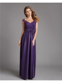 A Line V Neck Cap Sleeve Low Back Long Purple Satin Lace Bridesmaid Dress With Sash Bow