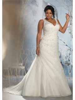 A Line V Neck Sheer Straps Ruched Organza Lace Plus Size Wedding Dress With Buttons