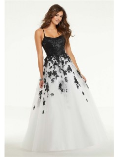 A Line Long Black And White Tulle Flower Prom Dress With Spaghetti Straps