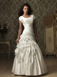 A line square neck court train cap sleeve satin ruched wedding dress