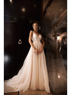 A Line Wedding Dress Tulle Lace V Neck With Bow Belt