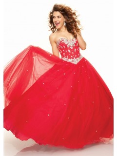 Ball Gown sweetheart floor length red tulle prom dress with beading