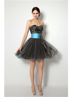 Ball Strapless Short Brown And Blue Tulle Peacock Applique Prom Dress