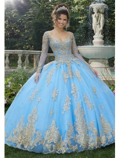 Ball Gown Prom Dress Long Sleeve Light Blue Tulle Gold Lace Quinceanera Dress