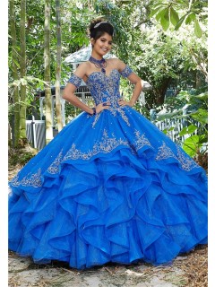 Ball Gown Prom Dress Royal Blue Tulle Ruffle Embroidery Quinceanera Dress
