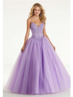 Ball Gown Sweetheart Drop Waist Lilac Tulle Beaded Prom Dress Spaghetti Straps