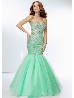 Classy Mermaid Sweetheart Long Mint Green Tulle Beaded Prom Dress Corset Back