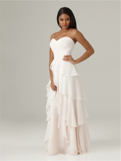 Elegant sweetheart floor length long white chiffon ruffle layered bridesmaid dress