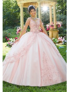 Fantastic Ball Gown Prom Dress Light Pink Tulle Lace Beaded Quinceanera Dress V Neck
