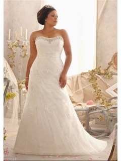 Fitted A Line Strapless Sweetheart Ruched Organza Lace Plus Size Wedding Dress Corset Back