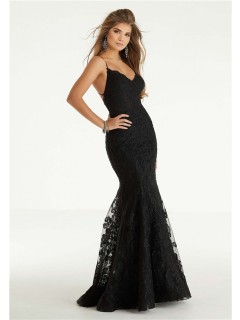 Glamour Mermaid Backless Spaghetti Strap Black Blue Lace Prom Dress