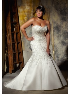 Gorgeous Mermaid Sweetheart Embroidered Satin Beaded Plus Size Corset Wedding Dress