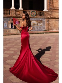 Mermaid Evening Dress Red Silk Satin Off The Shoulder High Slit With Train