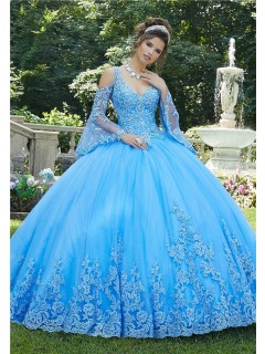 Princess Ball Gown Prom Dress Light Blue Tulle Lace Long Sleeve Quinceanera Dress Cold Shoulder