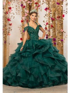 Quinceanera Dress Ball Gown Puffy Dark Green Organza Ruffle Beaded Prom Dress