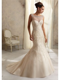 Mermaid Sheer Illusion Neckline See Through Tulle Beaded Wedding Dress With Pearls