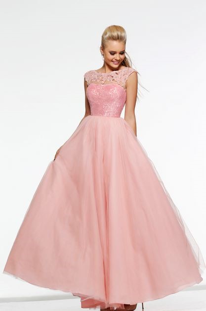 A Line Bateau Neck Cap Sleeve Long Pearl Pink Sequin Lace Tulle Prom Dress
