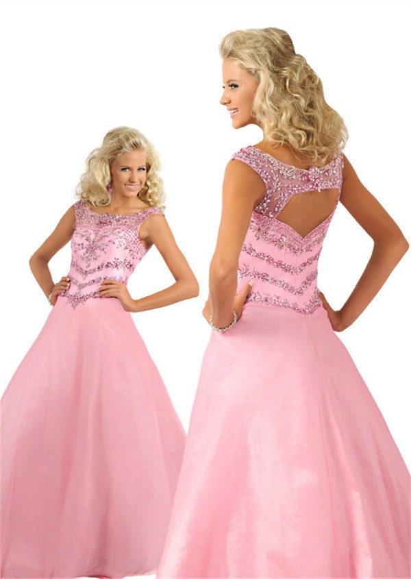 A Line Bateau Neckline Open Back Light Pink Taffeta Beaded Teen Prom Dress