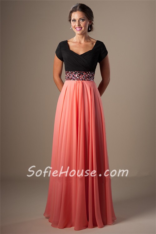 A Line Cap Sleeve Long Black And Coral Chiffon Evening Prom Dress Beaded Belt