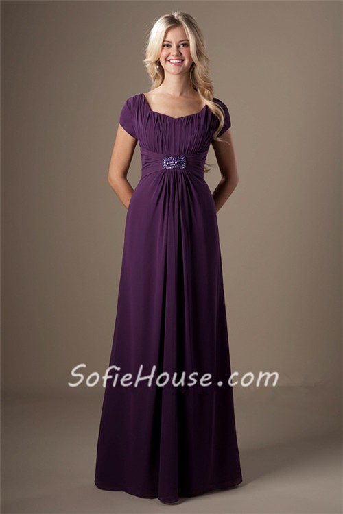 A Line Grape Purple Chiffon Beaded Long Modest Bridesmaid Dress With Sleeves