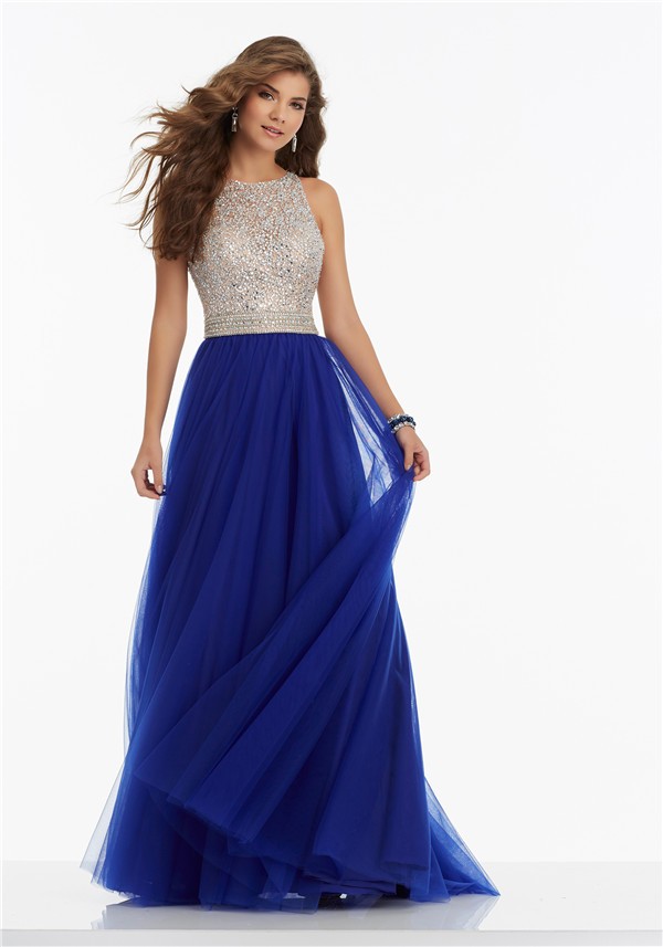 A Line High Neck Keyhole Open Back Long Royal Blue Tulle Beaded Prom Dress