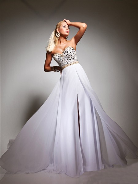 A Line Princess Sweetheart Long White Chiffon Gold Beaded Evening Prom Dress With Slit