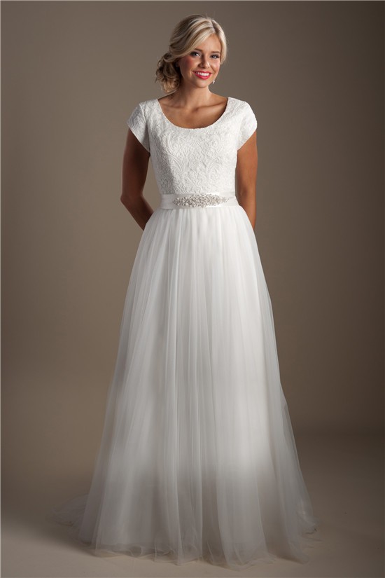 A Line Scoop Neck Cap Sleeve Lace Tulle Modest Wedding Dress With Sash
