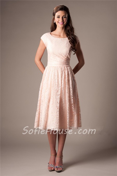 A Line Scoop Neck Cap Sleeved Blush Pink Lace Short Party Bridesmaid Dress