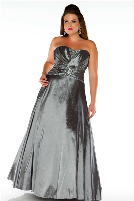 A Line Strapless Long Charcoal Grey Taffeta Beaded Plus Size Evening Prom Dress