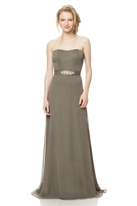 A Line Strapless Long Clay Chiffon Special Occasion Bridesmaid Dress Beaded Belt