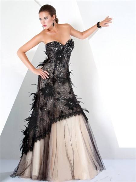 A Line Strapless Long Nude Black Lace Feather Beaded Women Evening Dress