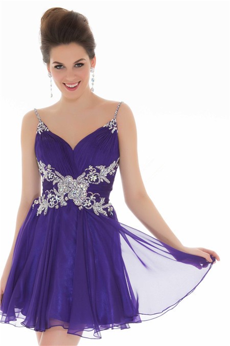 A Line Straps Short Lavender Purple Chiffon Unique Beading Cocktail Prom Dress