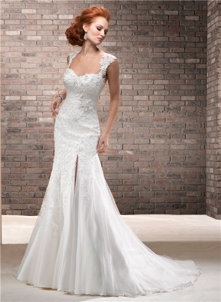 A Line Sweetheart Chiffon Lace Wedding Dress With Slit Detachable Straps Sash