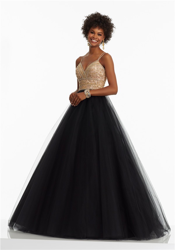 A Line Sweetheart Spaghetti Strap Black Tulle Gold Beaded Prom Dress