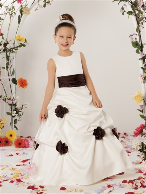 A-line Princess Scoop Floor Length Ivory Satin Designer Flower Girl Dress With Flowers Sash