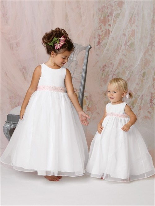A-line Princess Scoop Floor Length White Organza Flower Girl Dress With Pink Sash