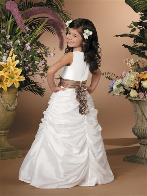 A-line Princess Scoop Floor Length White Taffeta Wedding Flower Girl Dress With Sash