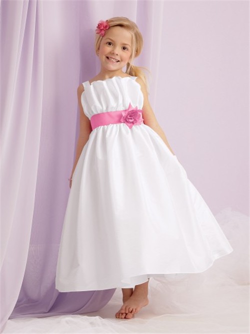 A-line Princess Spaghetti Strap Tea Length White Taffeta Flower Girl Dress With sash