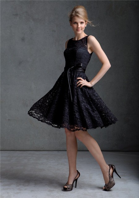 A line scoop knee length black lace prom dress with sash