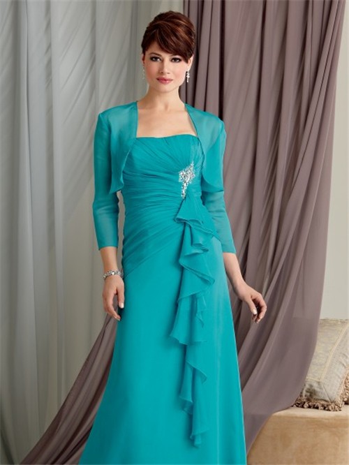 A line strapless floor length turquoise chiffon mother of the bride dress with jacket