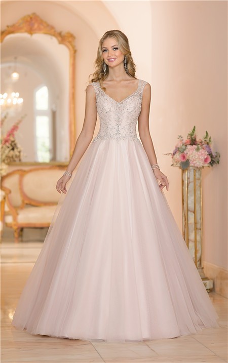 Ball Gown Cap Sleeve Blush Pink Tulle Embroidery Beaded Wedding Dress