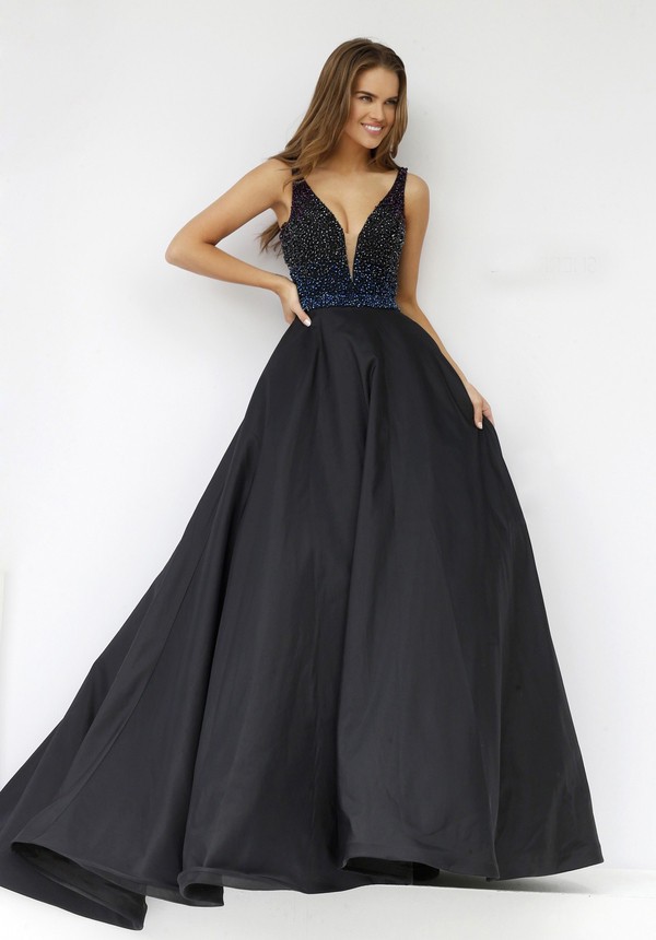 Ball Gown Deep V Neck Long Black Taffeta Beaded Prom Dress