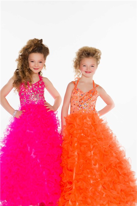 Ball Gown Long Orange Tulle Ruffle Little Flower Girl Prom Dress With Straps
