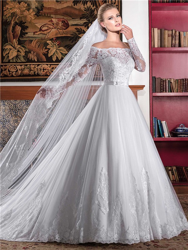 Ball Gown Off The Shoulder Long Sleeve Lace Wedding Dress With Bow Sash