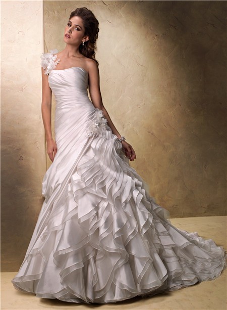 Ball Gown One Shoulder Layered Organza Ruffle Wedding Dress With Detachable Strap