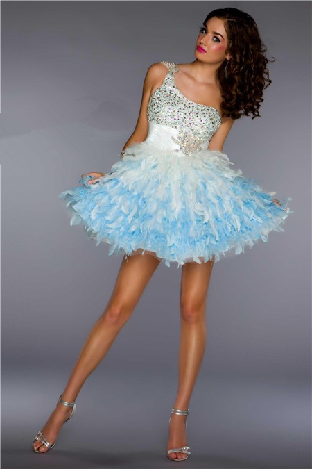 Ball Gown One Shoulder Short/ Mini White Blue Beaded Feather Cocktail Party Dress