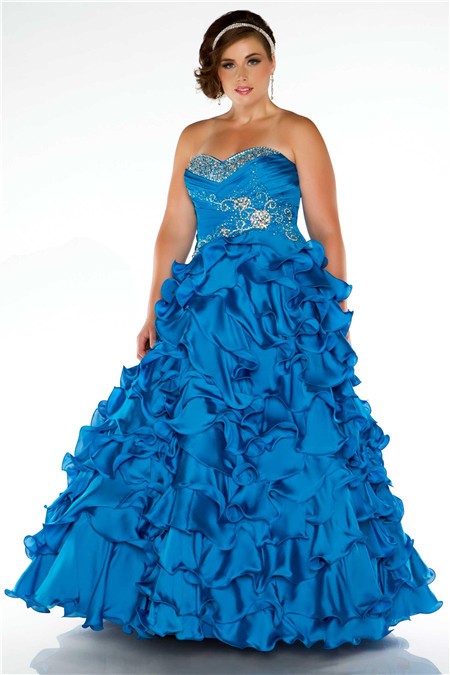 Ball Gown Strapless Blue Ruffles Beaded Plus Size Quinceanera Party Prom Dress