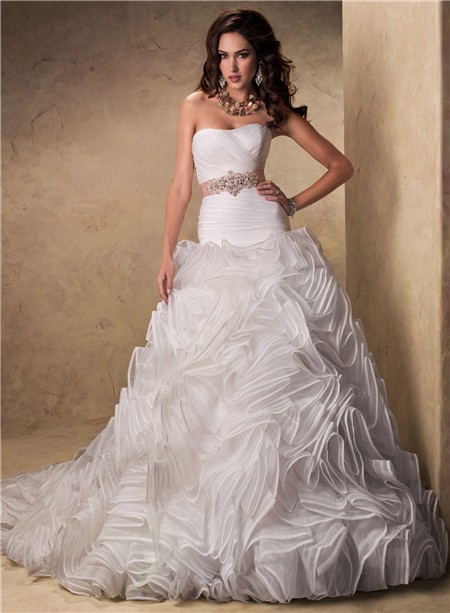 Ball Gown Strapless Layered Organza Ruffle Puffy Wedding Dress With Crystal Sash