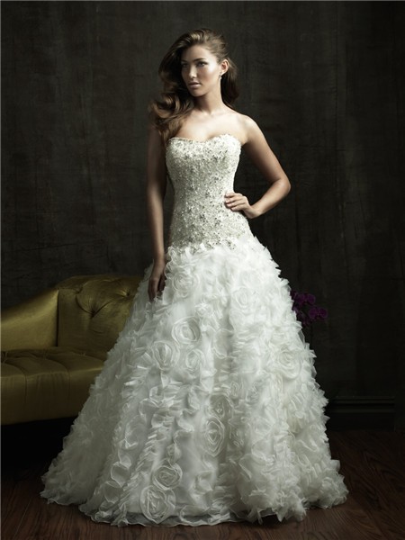 Ball Gown Strapless Organza Ruffles Floral Wedding Dress With Pearls Crystals
